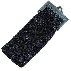 Vintage Wayne M Kleski Beaded Black Eyeglass Case Hinged Pouch Bag